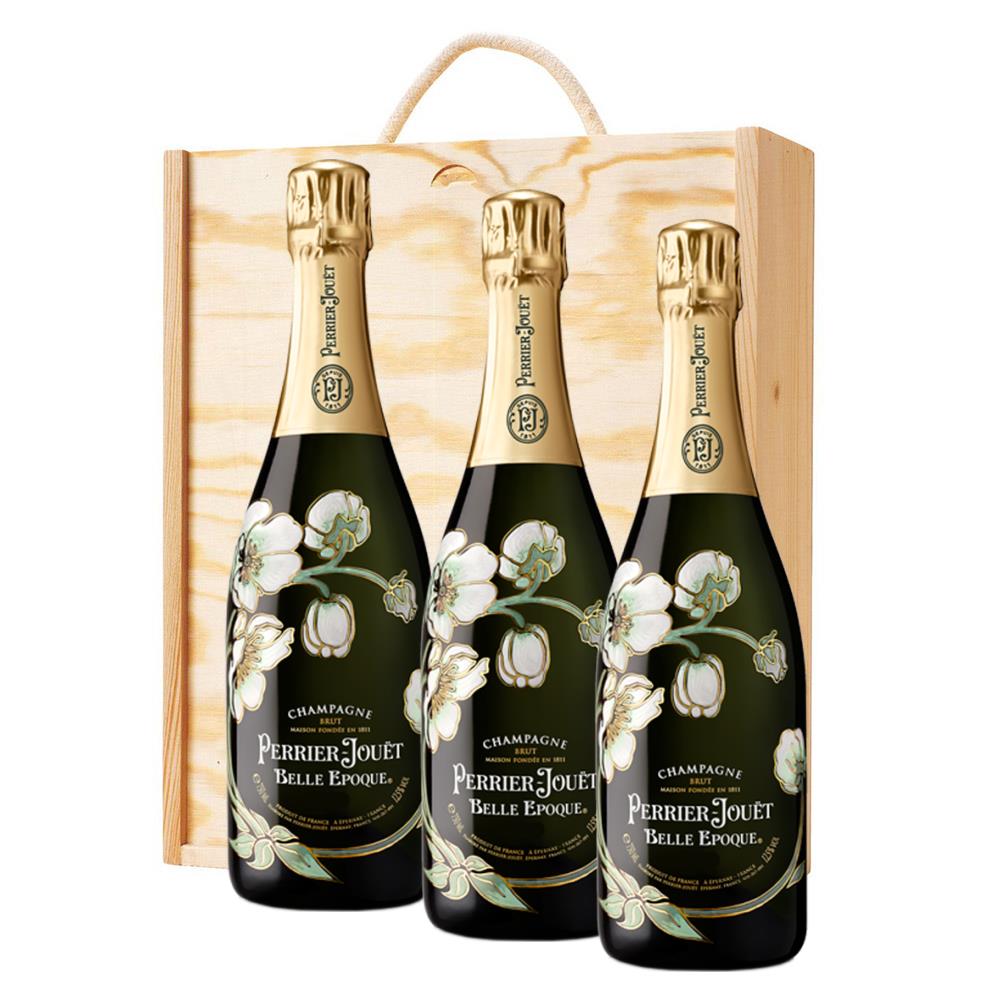 3 x Perrier Jouet Belle Epoque Brut 2013 Champagne 75cl In A Pine Wooden Gift Box